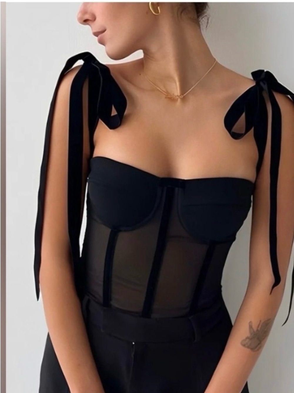 Commense Black Sheer Corset Camisole with Tie Shoulders